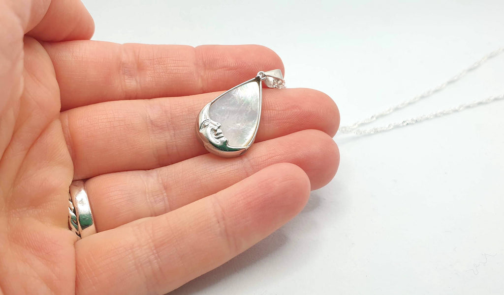 Mother of Pearl Moon Face Necklace | Sterling Silver Teardrop Pendant with the Chain