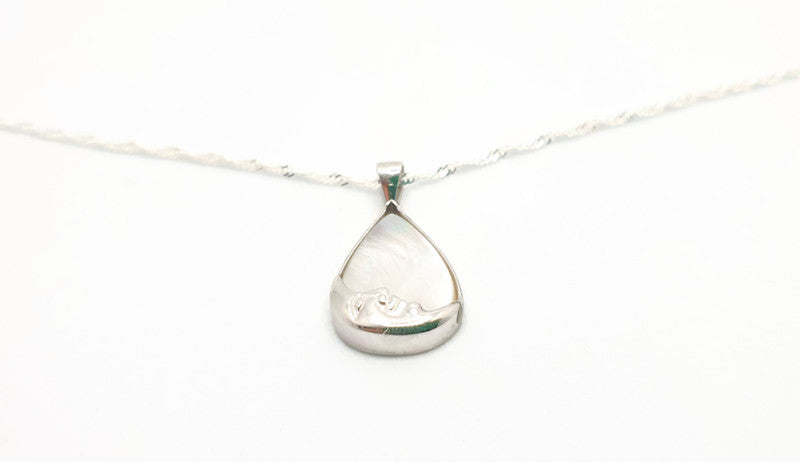 Mother of Pearl Moon Face Necklace | Sterling Silver Teardrop Pendant with the Chain