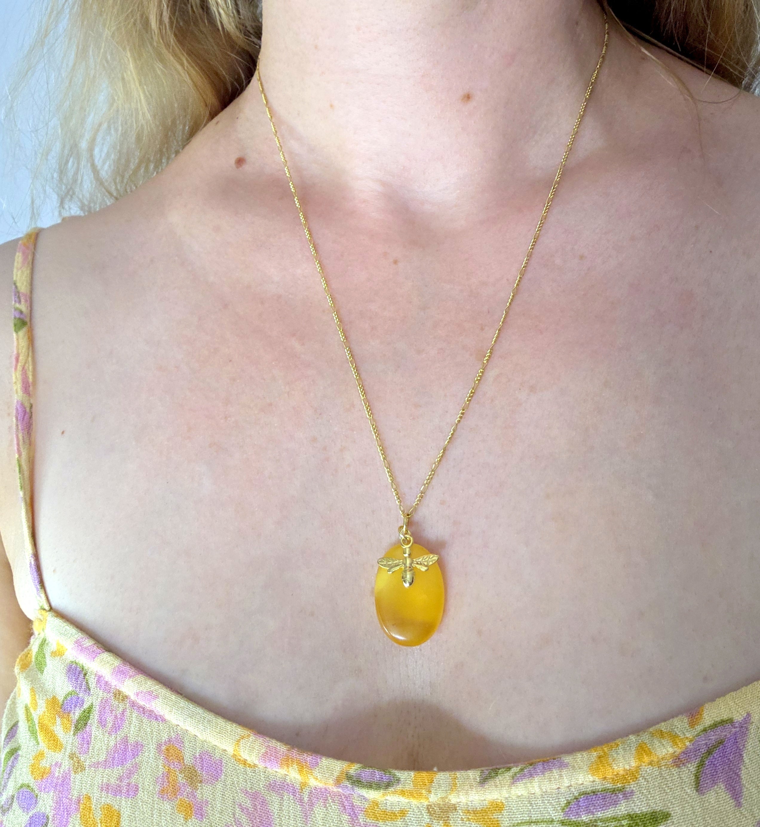 Baltic Amber Necklace – Hand Carved Amber Pendant with Bee Charm | Adjustable Chain