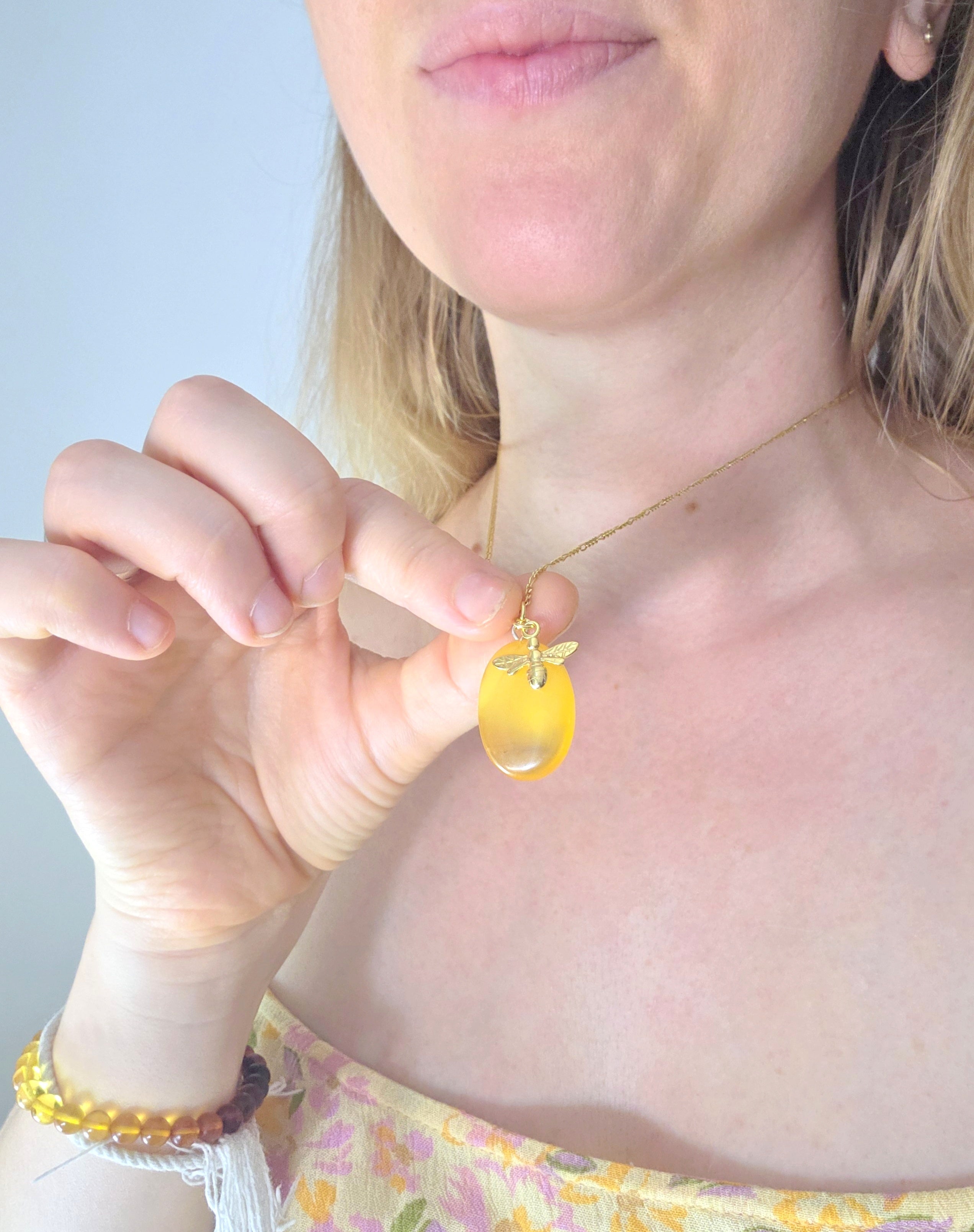 Baltic Amber Necklace – Hand Carved Amber Pendant with Bee Charm | Adjustable Chain