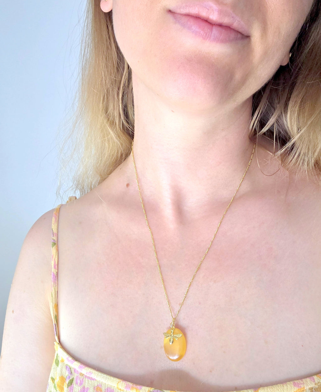 Baltic Amber Necklace – Hand Carved Amber Pendant with Bee Charm | Adjustable Chain