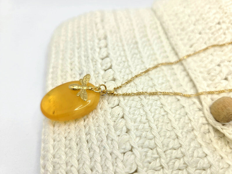 Baltic Amber Necklace – Hand Carved Amber Pendant with Bee Charm | Adjustable Chain