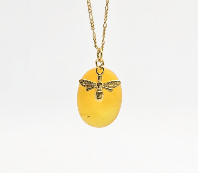 Baltic Amber Necklace – Hand Carved Amber Pendant with Bee Charm | Adjustable Chain