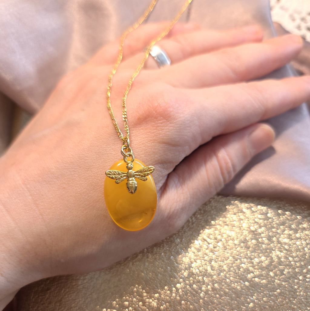 Baltic Amber Necklace – Hand Carved Amber Pendant with Bee Charm | Adjustable Chain