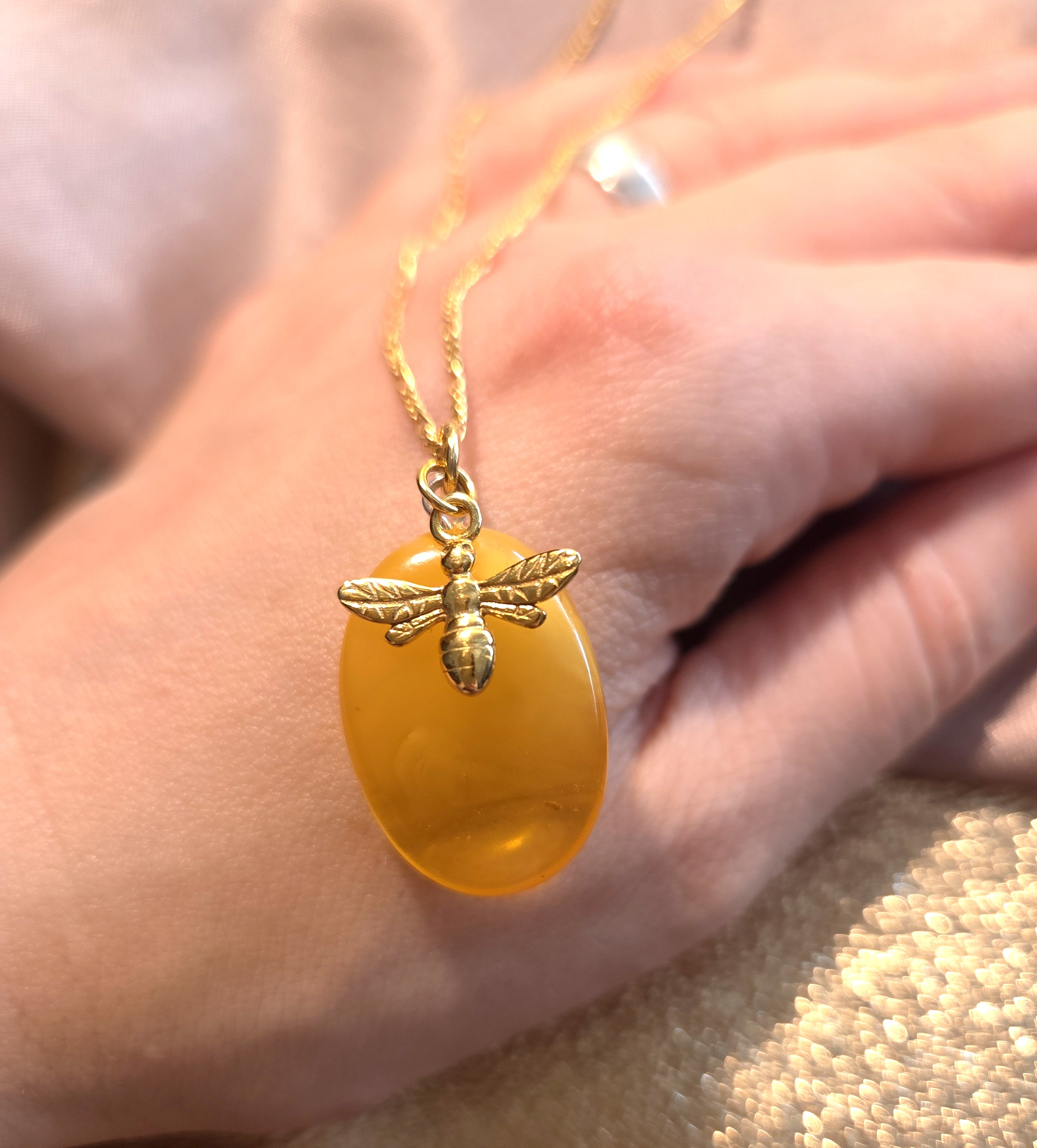 Baltic Amber Necklace – Hand Carved Amber Pendant with Bee Charm | Adjustable Chain