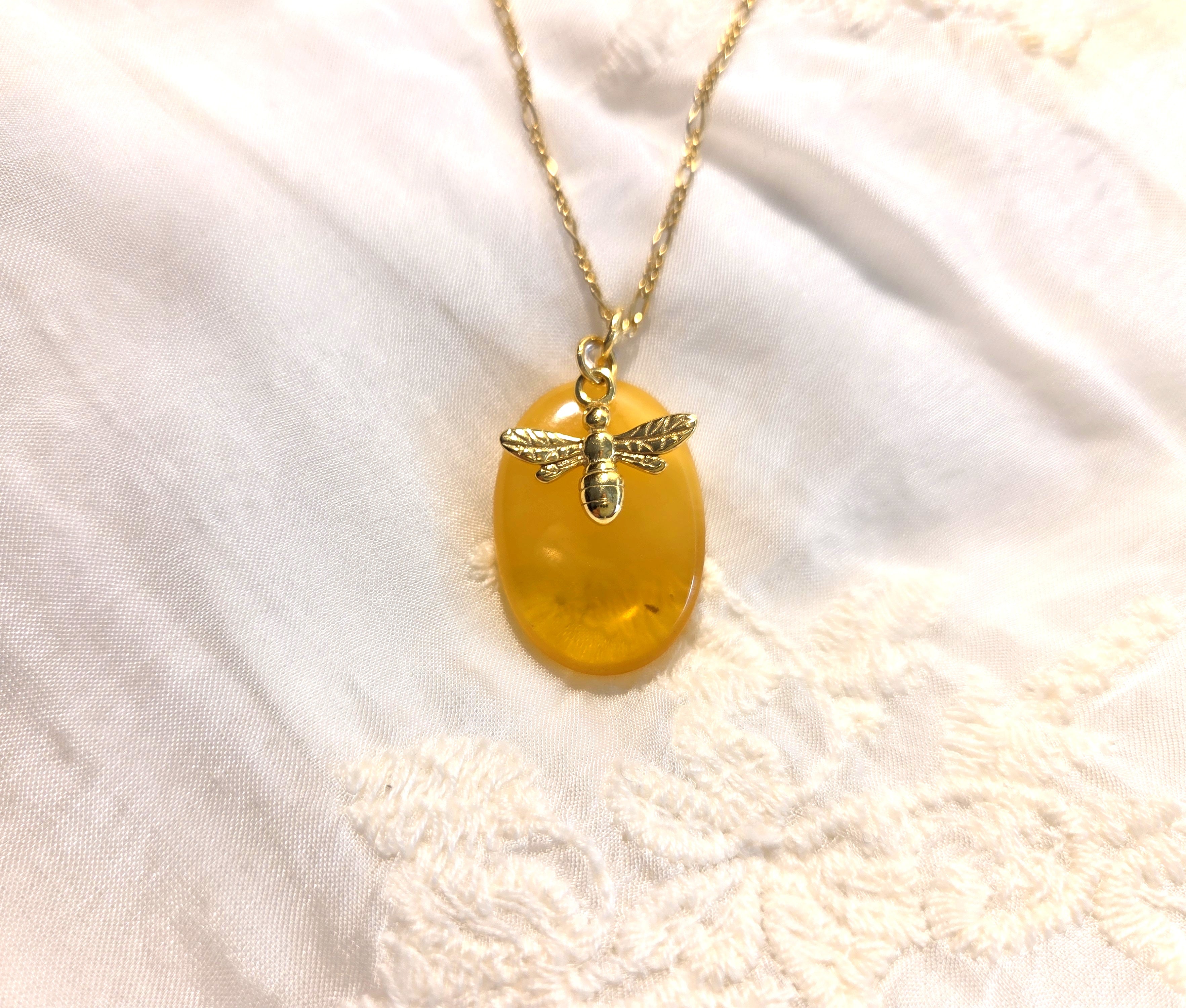 Baltic Amber Necklace – Hand Carved Amber Pendant with Bee Charm | Adjustable Chain