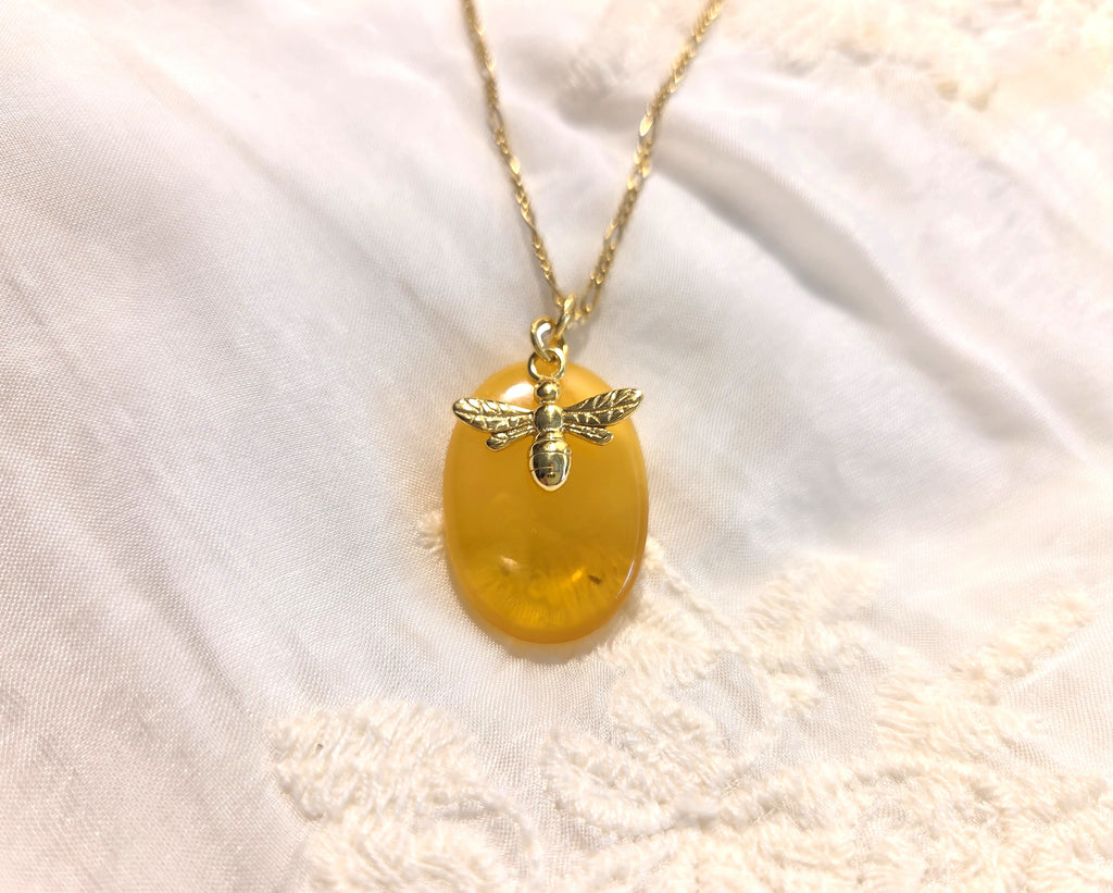 Baltic Amber Necklace – Hand Carved Amber Pendant with Bee Charm | Adjustable Chain