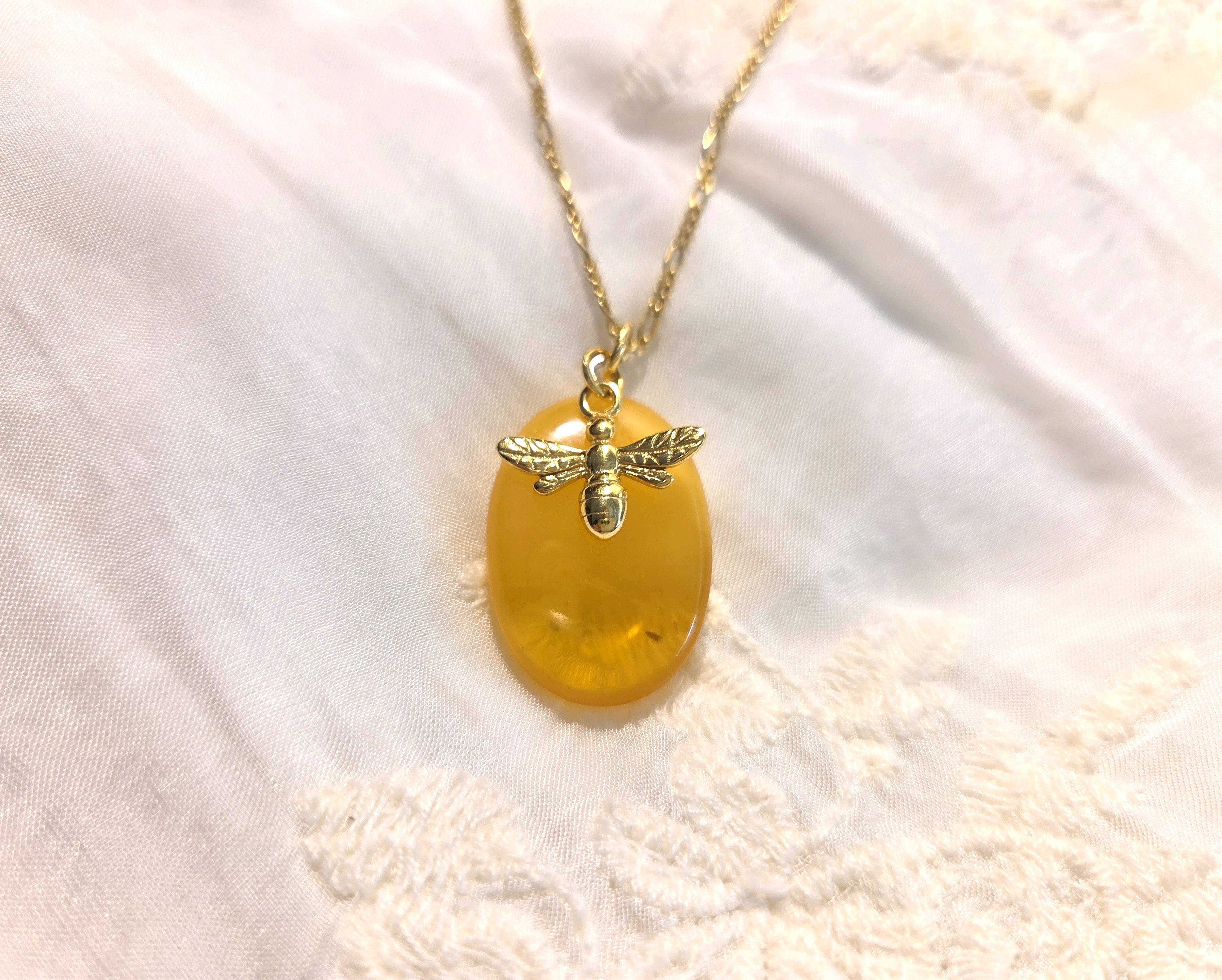 Baltic Amber Necklace – Hand Carved Amber Pendant with Bee Charm | Adjustable Chain