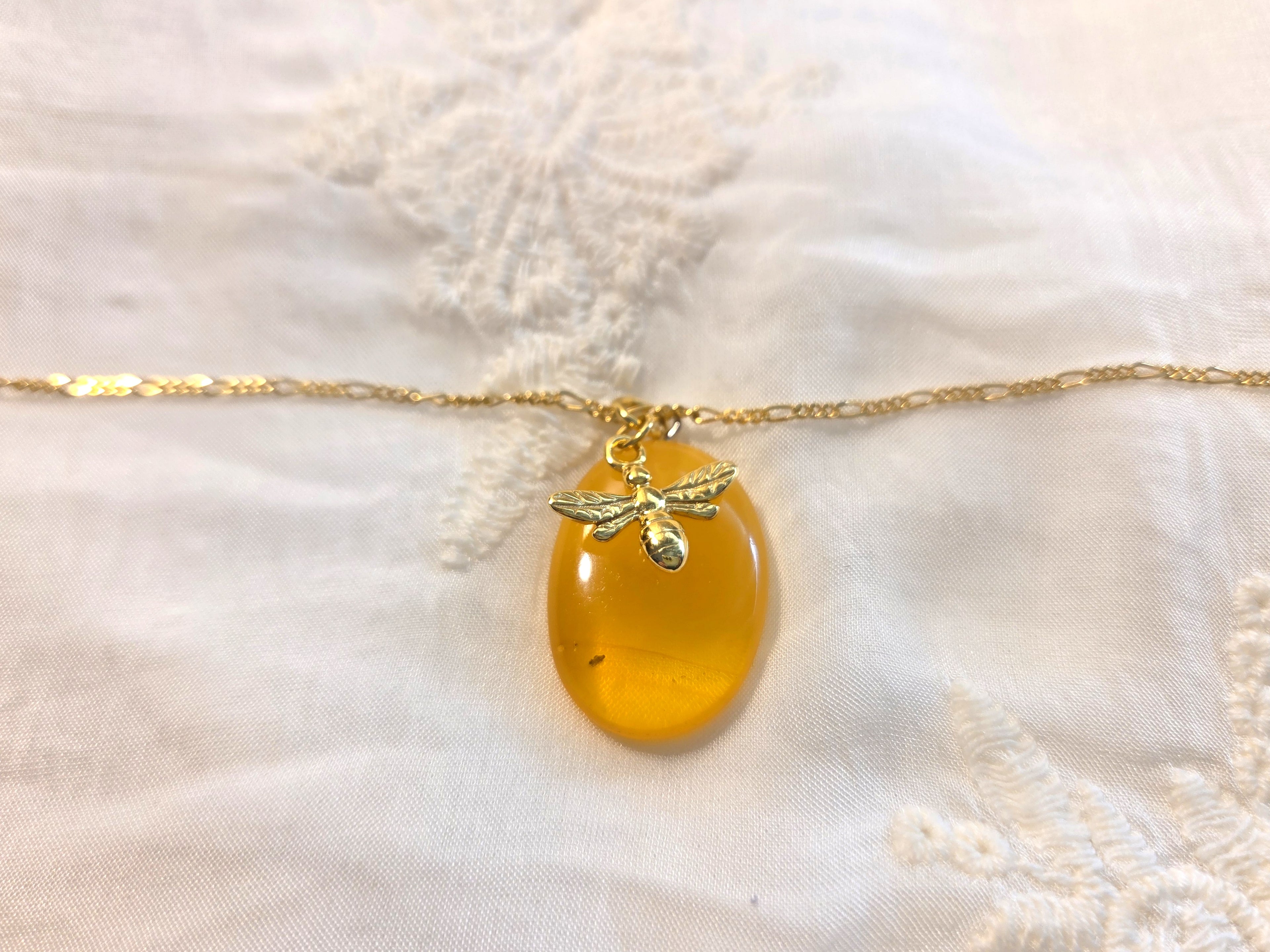 Baltic Amber Necklace – Hand Carved Amber Pendant with Bee Charm | Adjustable Chain