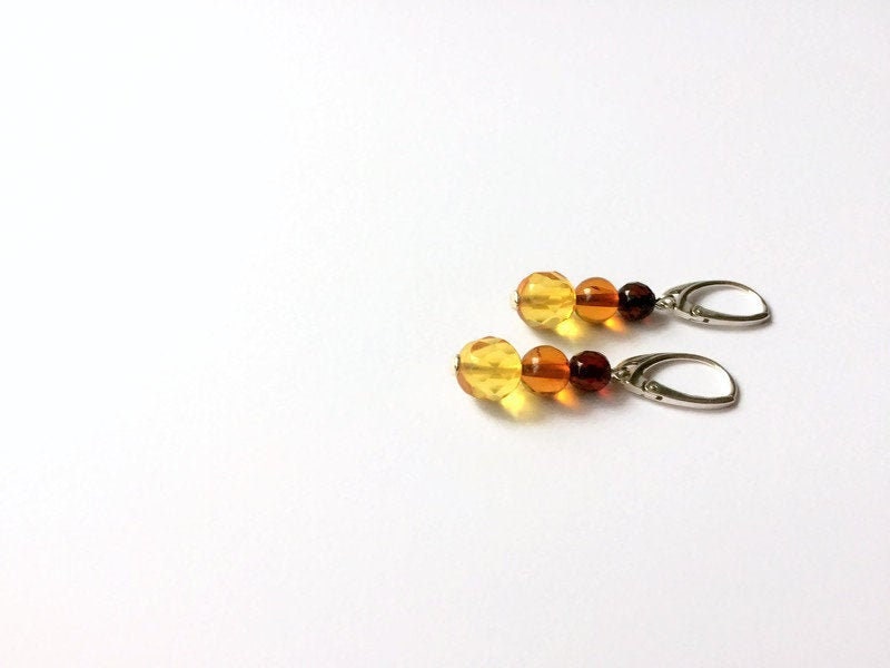 Faceted Amber Earrings – Multicolor Dangle Design with Baltic Amber Beads & 925 Silver Jewelry