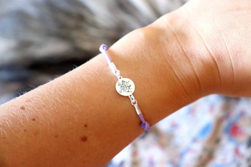 Sterling Silver Rose Bracelet – Adjustable Lavender Cord With Engraved Flower Charm