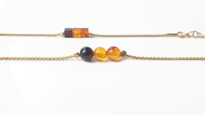 Baltic Amber Bracelet – Minimalist Gold Plated Silver Link with Multicolor Amber Beads