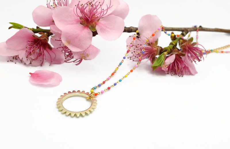 Gold Plated Silver Sun Necklace: Boho Enamel Pendant