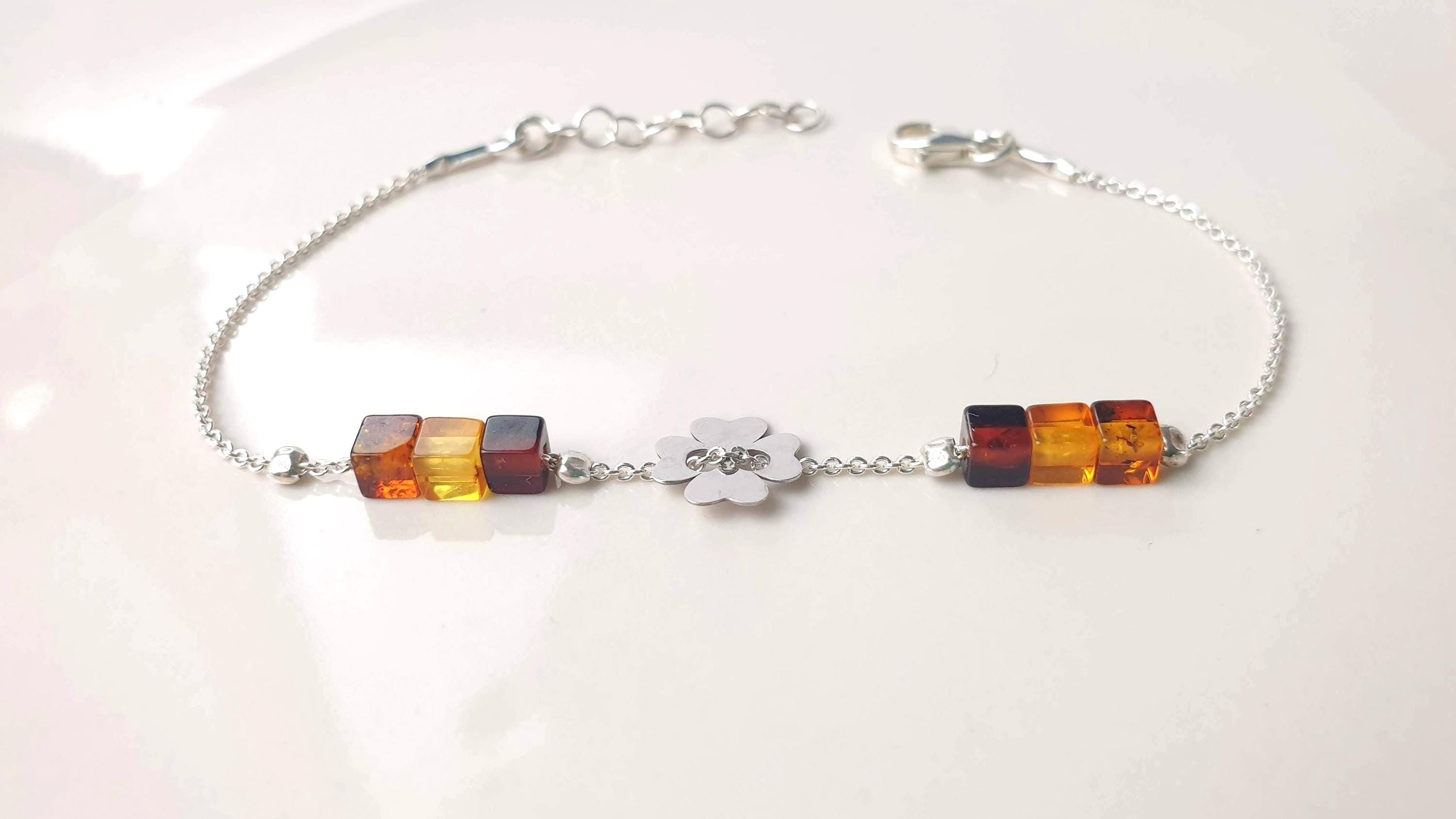 Baltic Amber Bracelet – Sterling Silver Adjustable Four Leaf Clover Jewelry