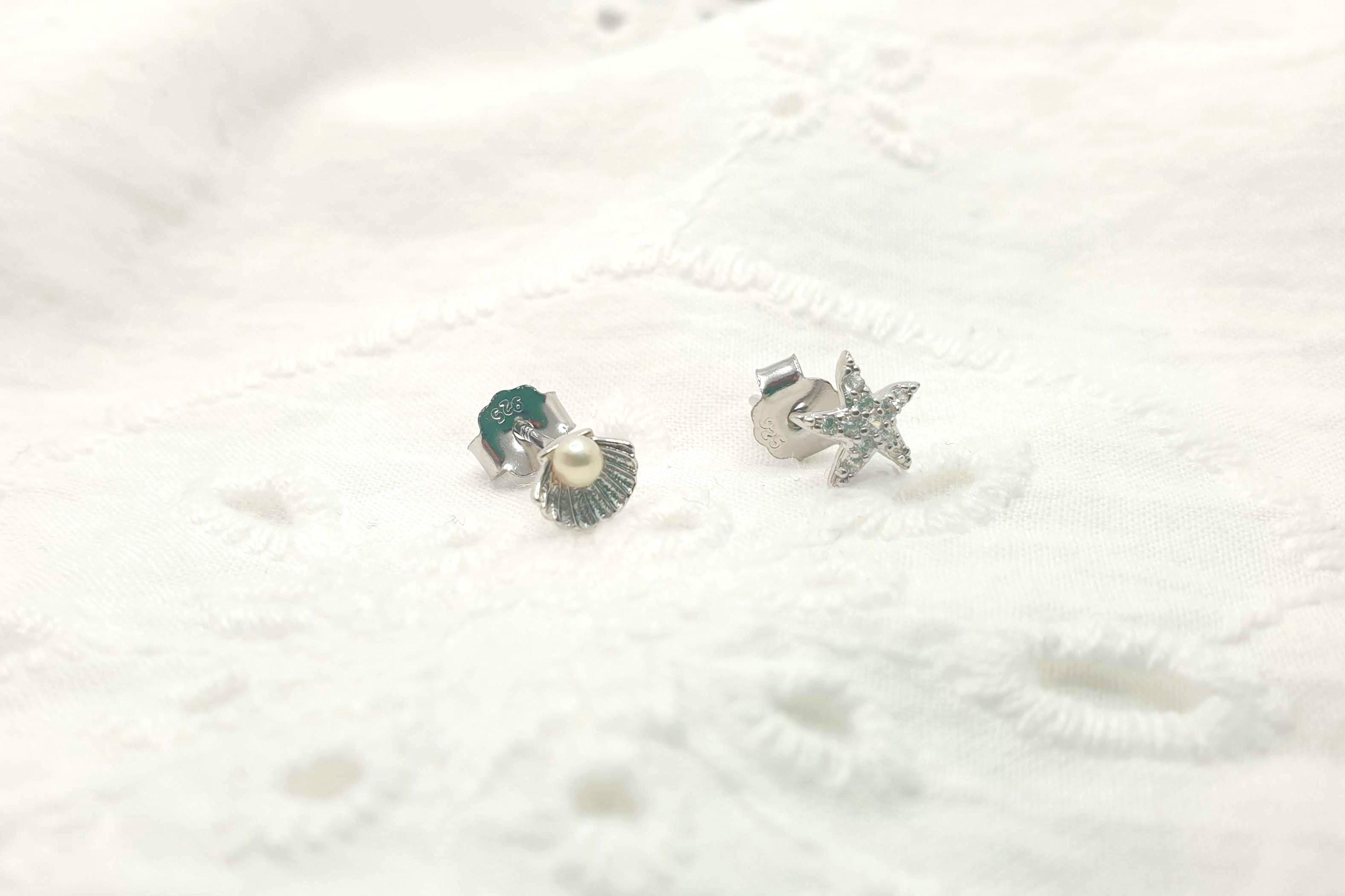 Sterling Silver Stud Earrings | Starfish Seashell Pearl & Cubic Zirconia Studs