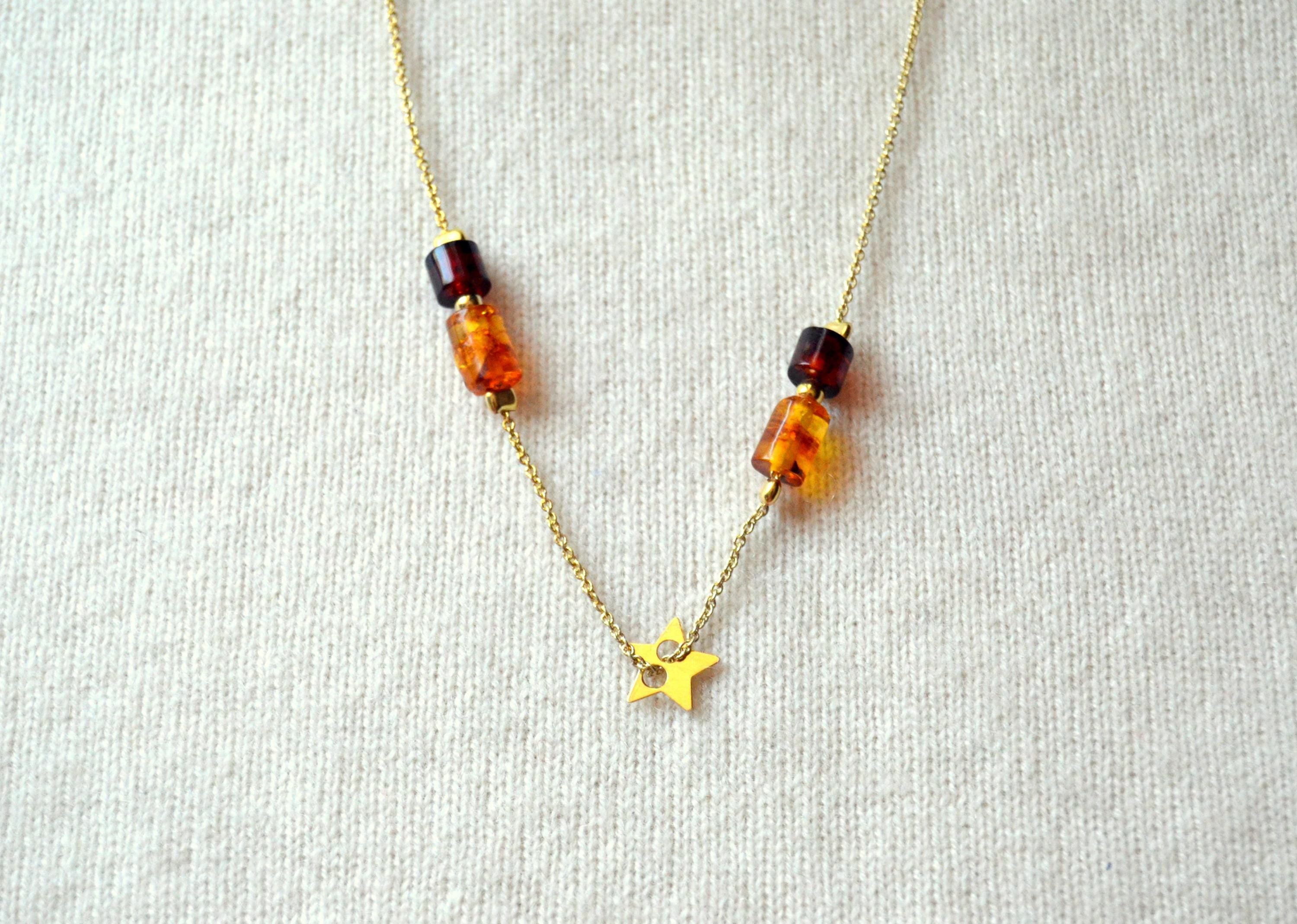 Baltic Amber Necklace Gold Plated - Adjustable Barrel Cut Amber Chain & Cherry Star Charm