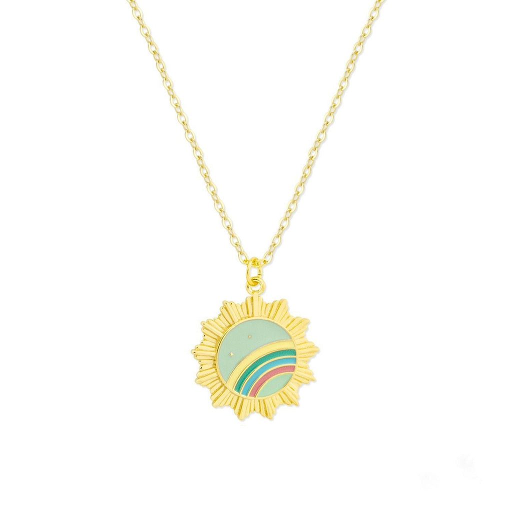 Gold Plated Sunburst Necklace: Rainbow Enamel Pendant