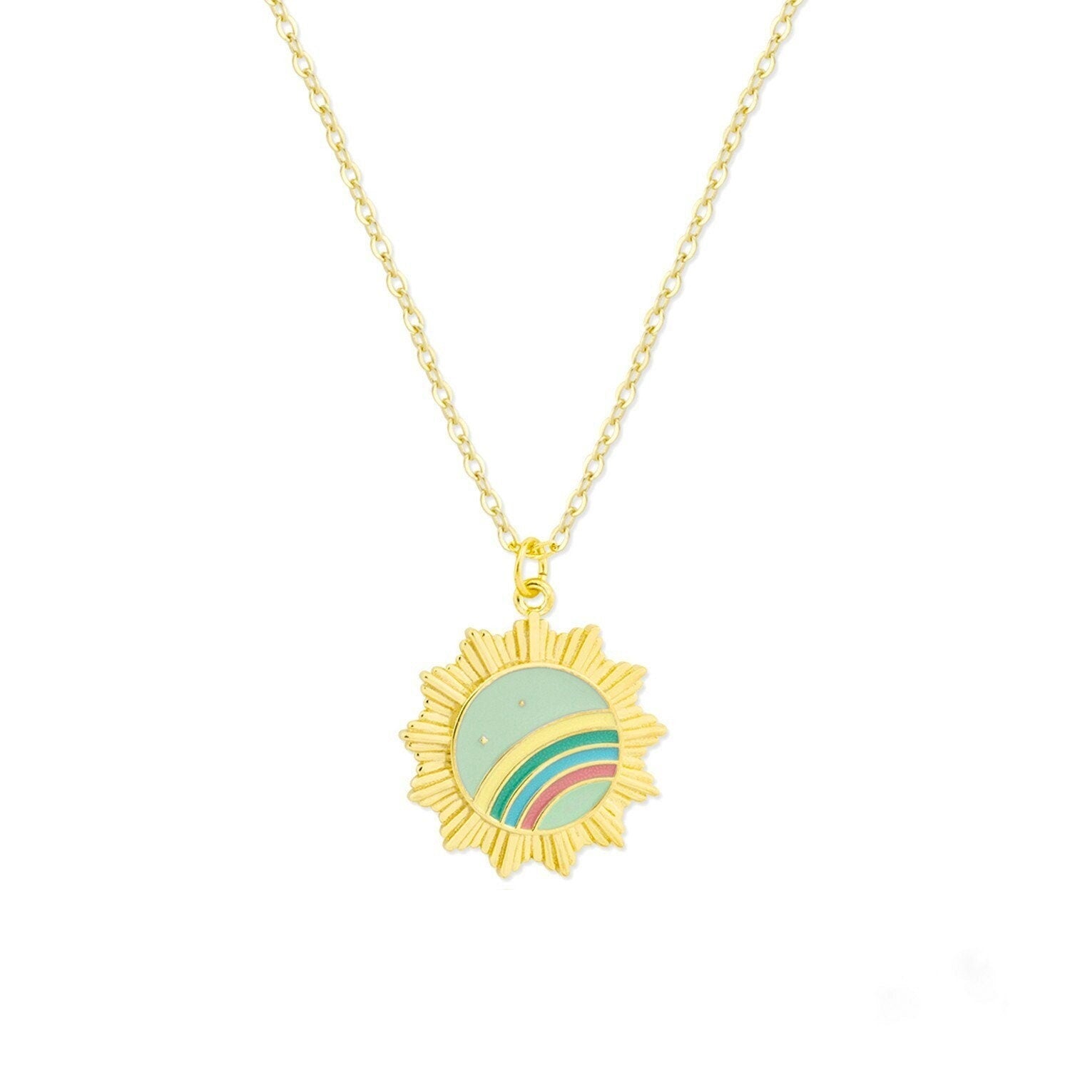 Gold Plated Sunburst Necklace: Rainbow Enamel Pendant