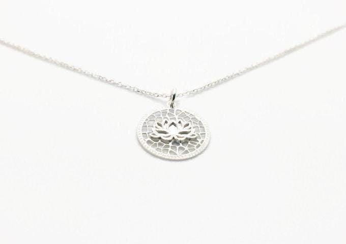 Lotus Flower Sterling Silver 925 Pendant Chain Necklace, Circle Mandala Floral Yoga Necklace