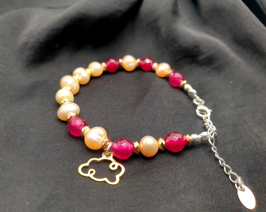 Pearl Chain Bracelet – Natural Gemstone Jewelry with Ruby Pink Agate & Sterling Silver