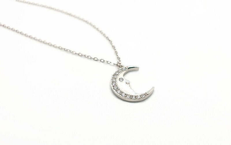 Sterling Silver Crescent Moon Necklace: Zircon Celestial Pendant