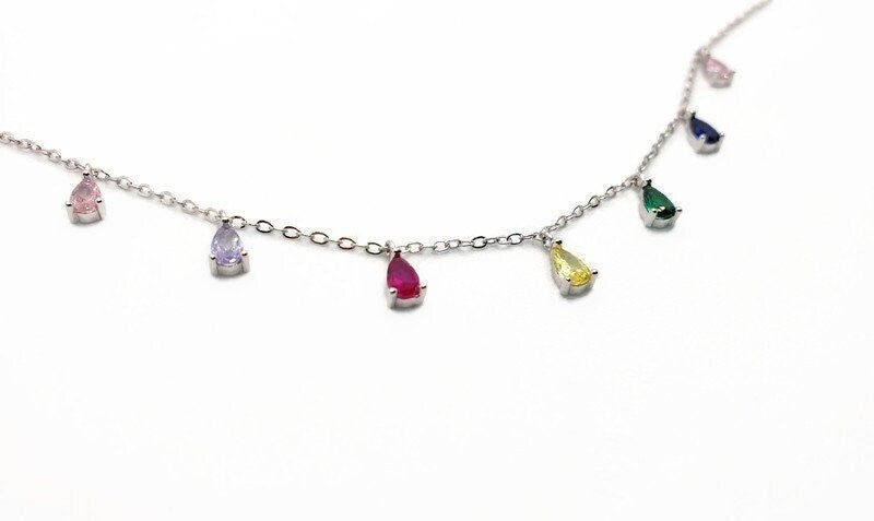 Sterling Silver Necklace | Multicolor Cubic Zirconia Teardrop Pendant - Adjustable Length