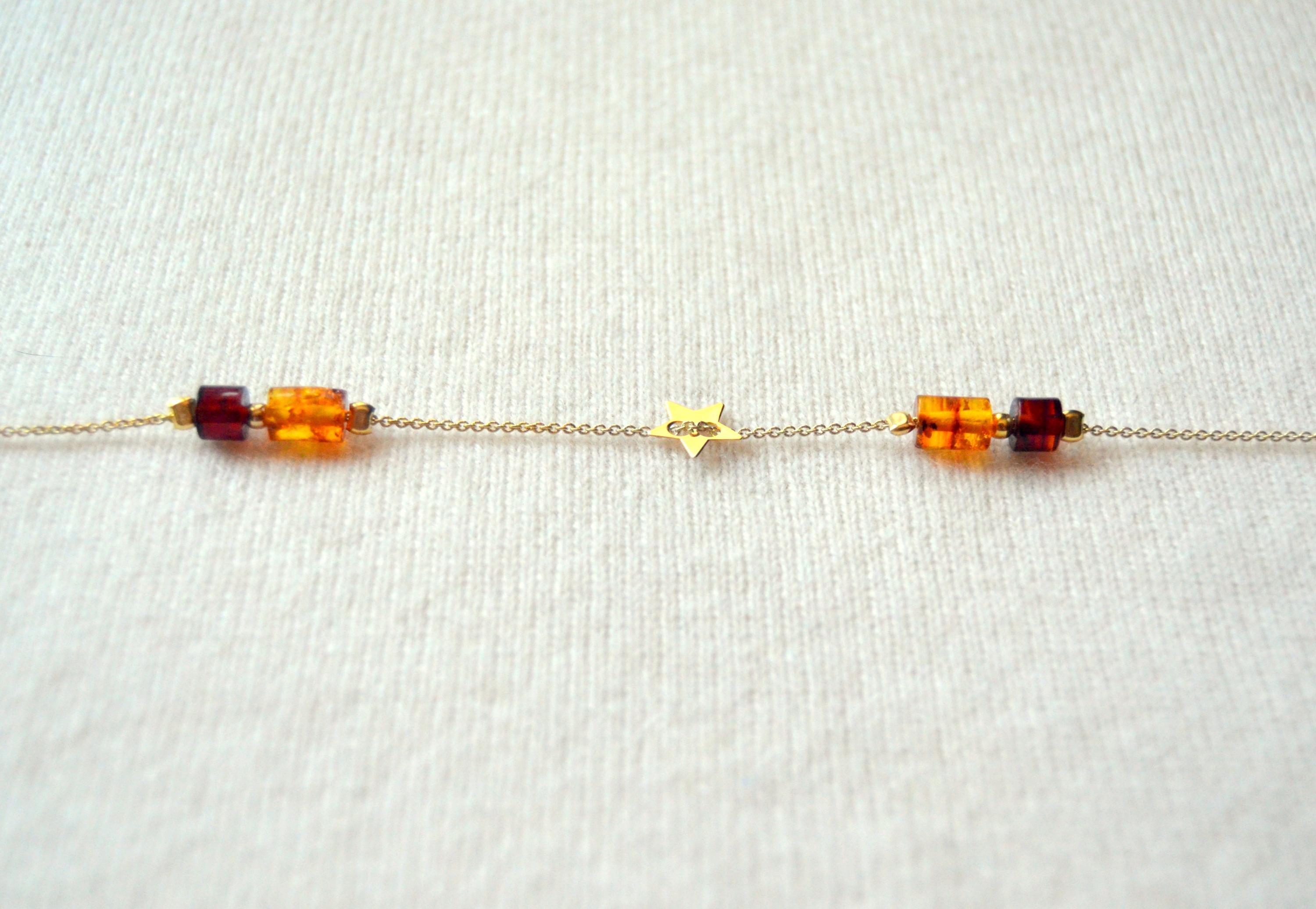 Baltic Amber Necklace Gold Plated - Adjustable Barrel Cut Amber Chain & Cherry Star Charm