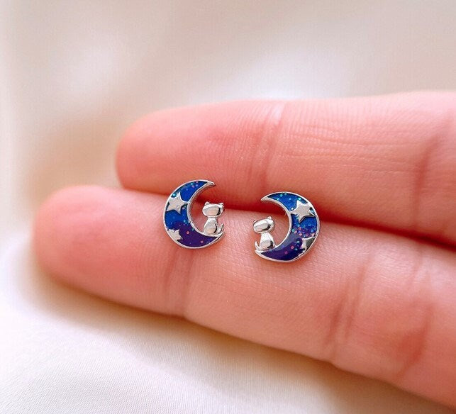 Enamel Cat Moon Sterling Silver Stud Earrings: Celestial Jewelry
