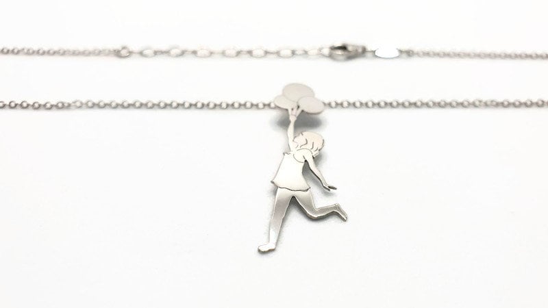 Sterling Silver Necklace – Banksy Art Pendant With Girl Balloons Charm
