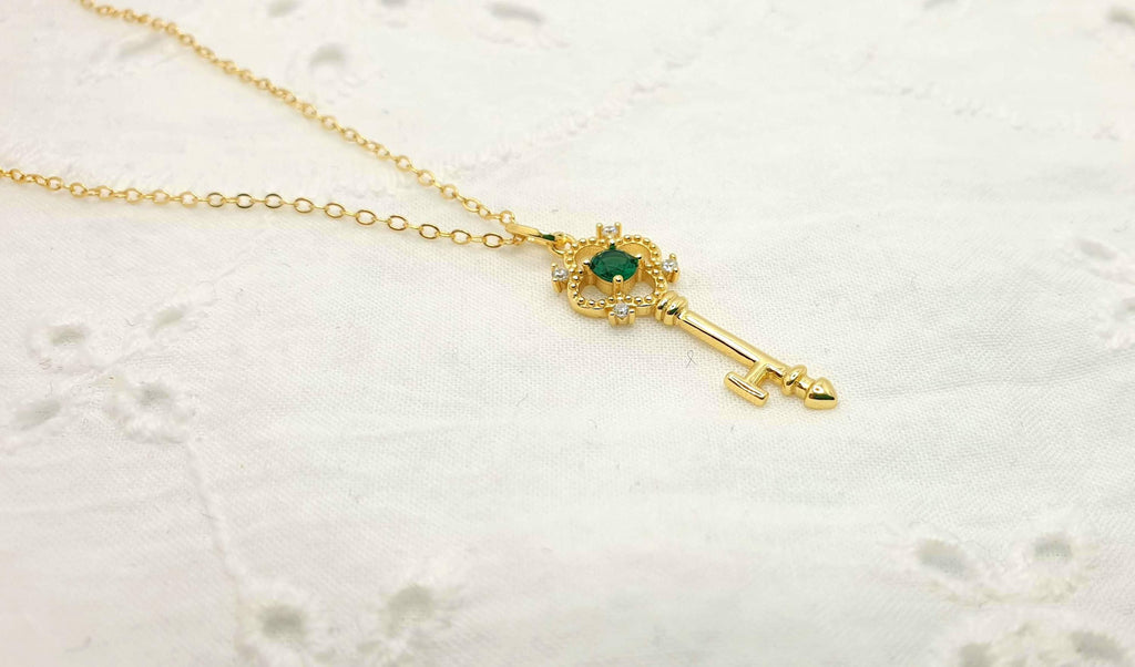 Gold Plated Silver Key Necklace: Green Cubic Zirconia Pendant