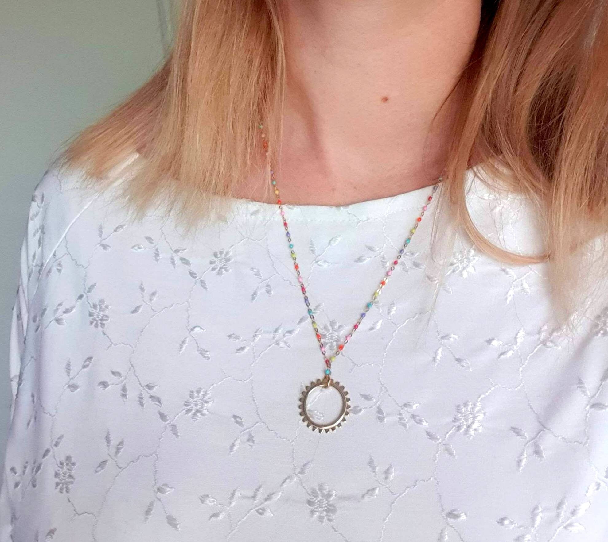 Gold Plated Silver Sun Necklace: Boho Enamel Pendant