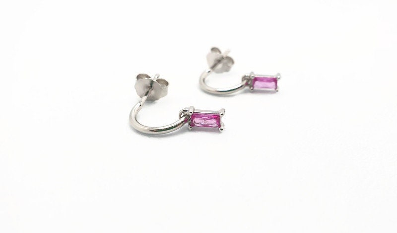 Sterling Silver Hoop Earrings – Pink Cubic Zirconia Delicate Ear Cuffs