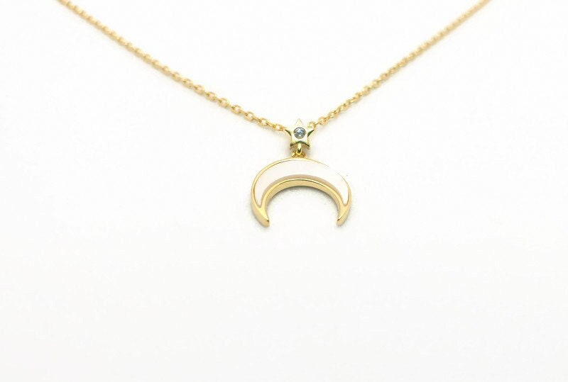 Gold Crescent Moon Necklace: Mother of Pearl Moon and Star Pendant