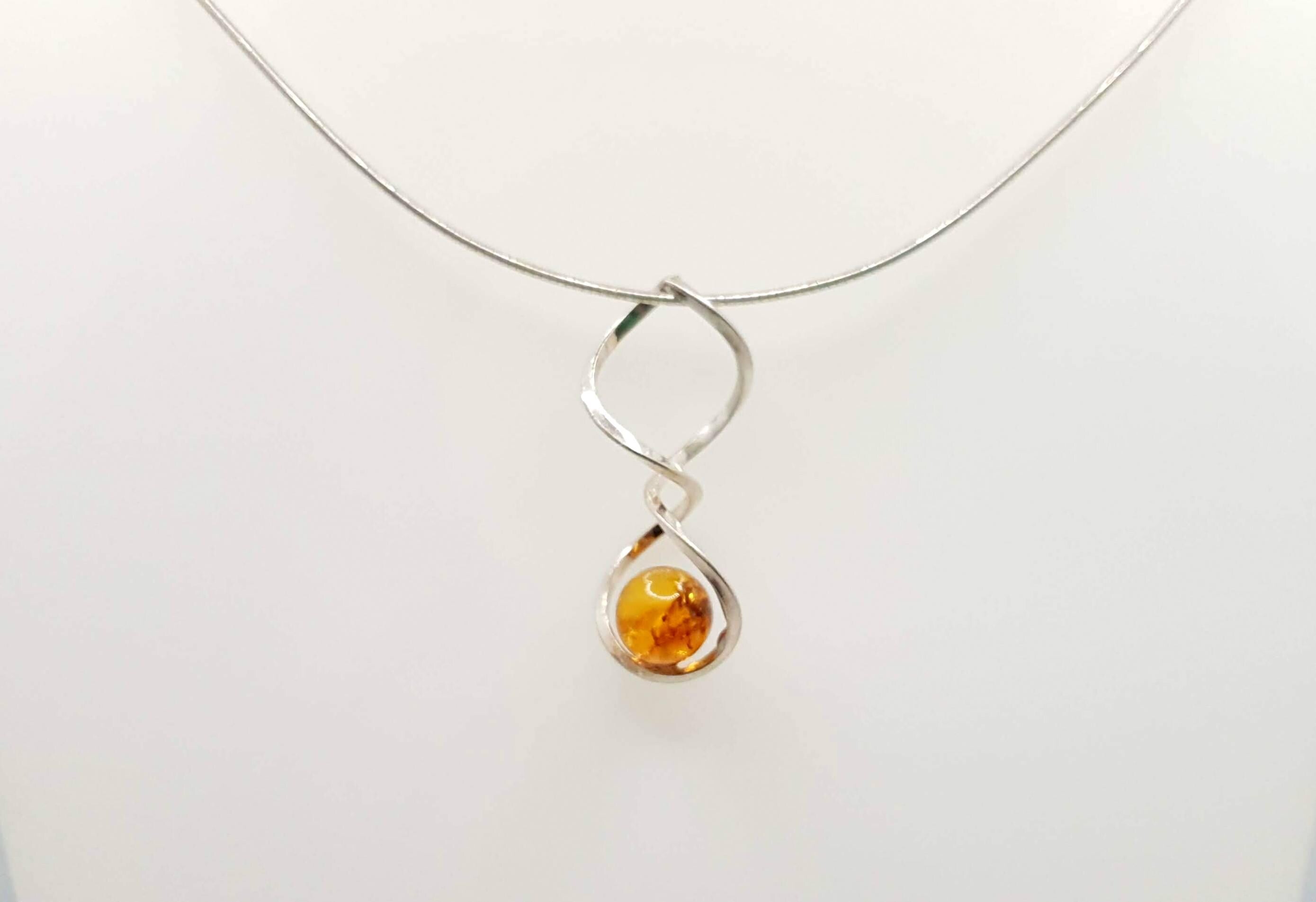 Baltic Amber Necklace - Honey Amber Pendant with Sterling Silver Spiral Chain