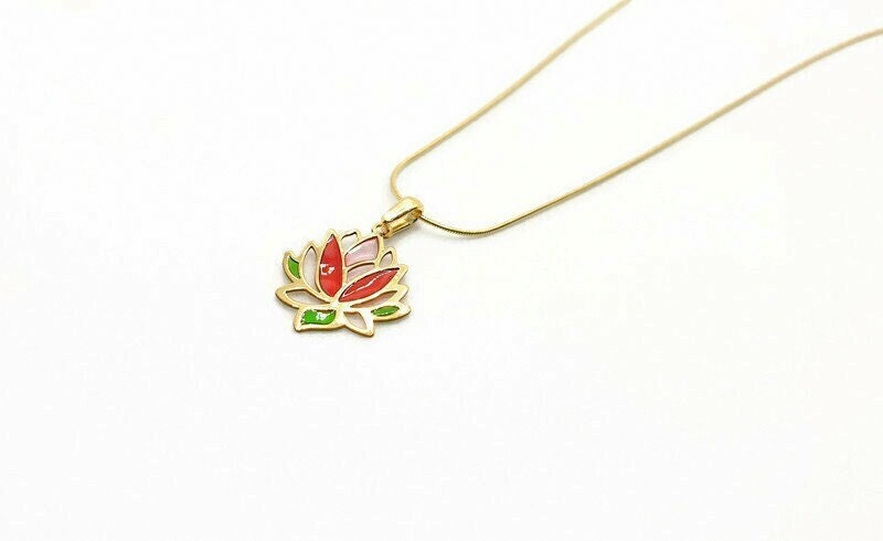 Gold Plated Silver Lotus Flower Necklace: Colorful Resin Floral Pendant