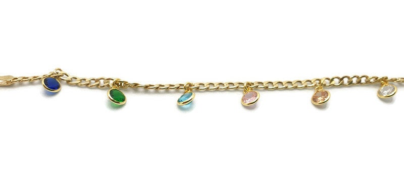 Gold Plated Silver Bracelet – Multicolor Cubic Zirconia Charm – Adjustable Chain