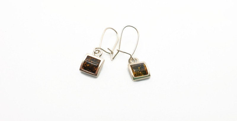 Baltic Amber Earrings - Sterling Silver Square Dangle Earrings Cognac & Green