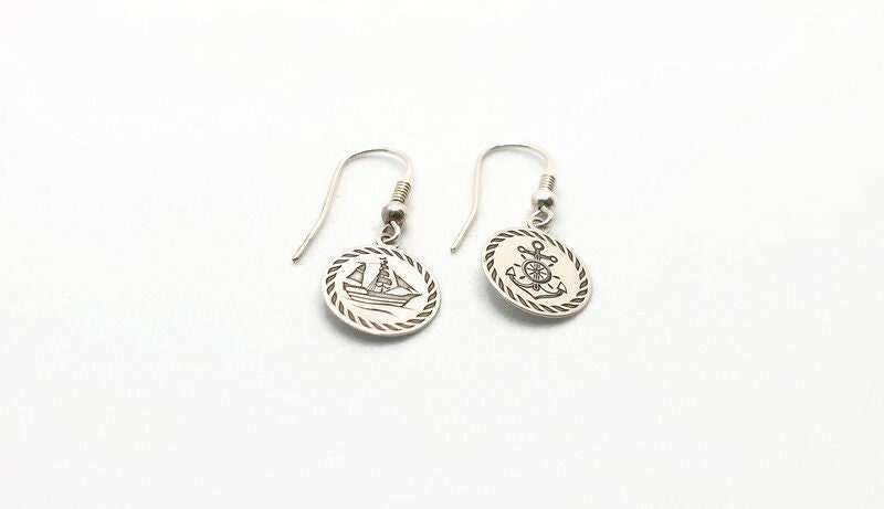 Sterling Silver Earrings - Nautical Dangle Earrings with Anchor Ship Charms