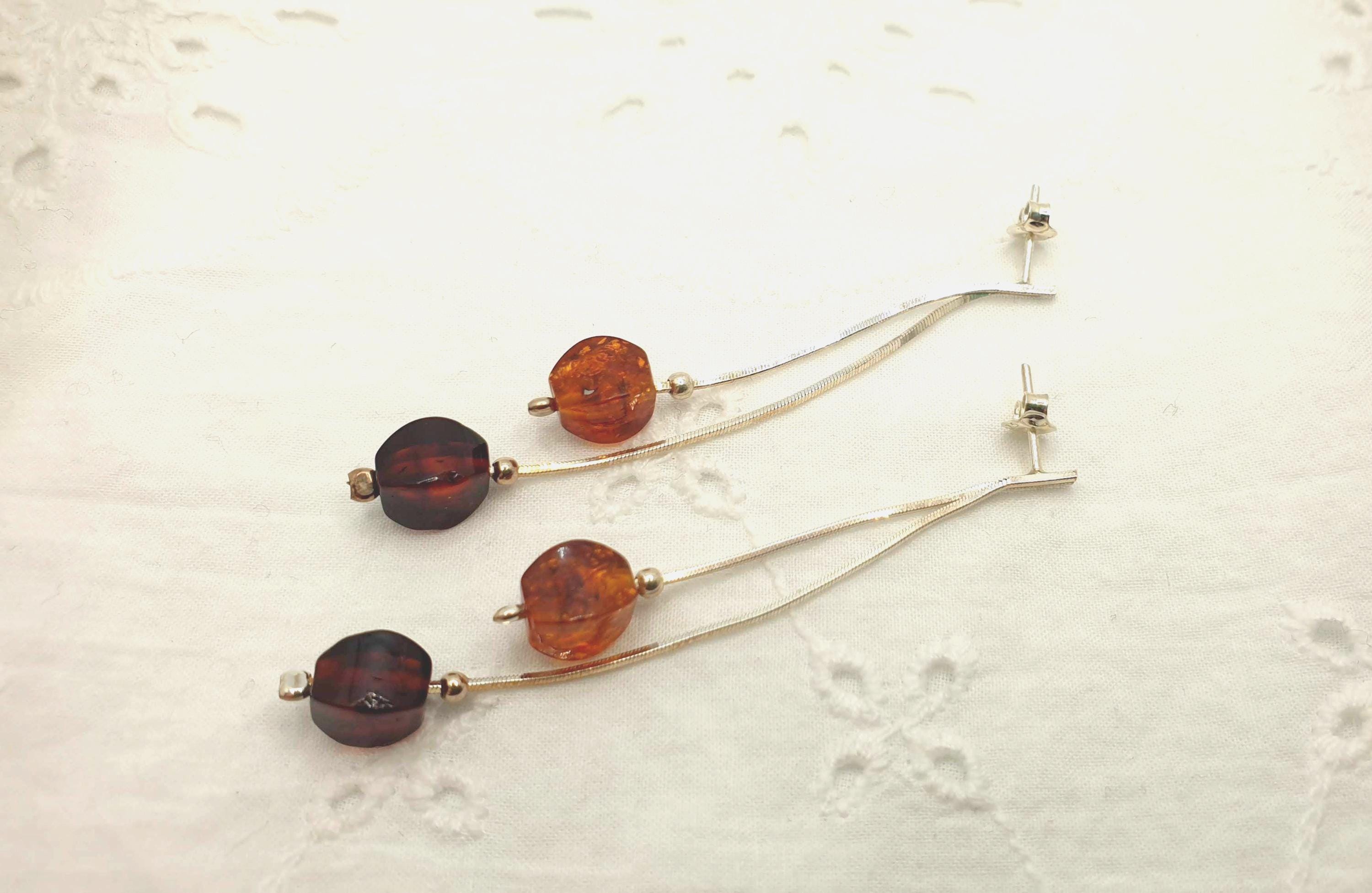 Baltic Amber Earrings – Long Cognac Cherry Faceted Amber Dangle Sterling Silver