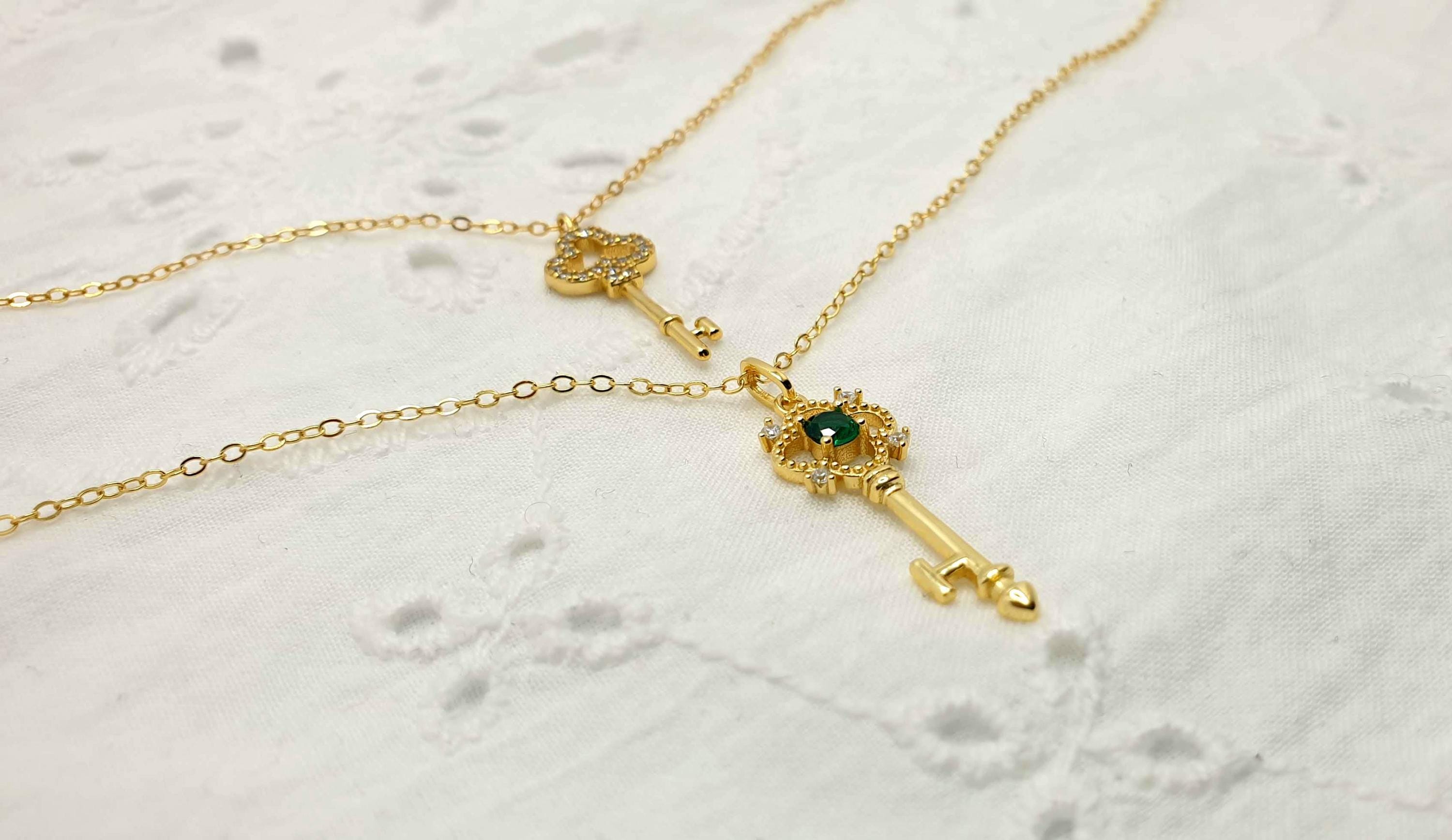 Gold Plated Silver Key Necklace: Green Cubic Zirconia Pendant