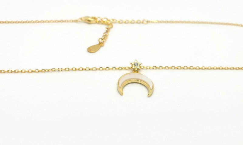 Gold Crescent Moon Necklace: Mother of Pearl Moon and Star Pendant