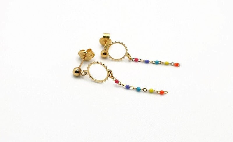 Boho Sun Dangle Earrings: Gold Plated Silver with Colorful Enamel
