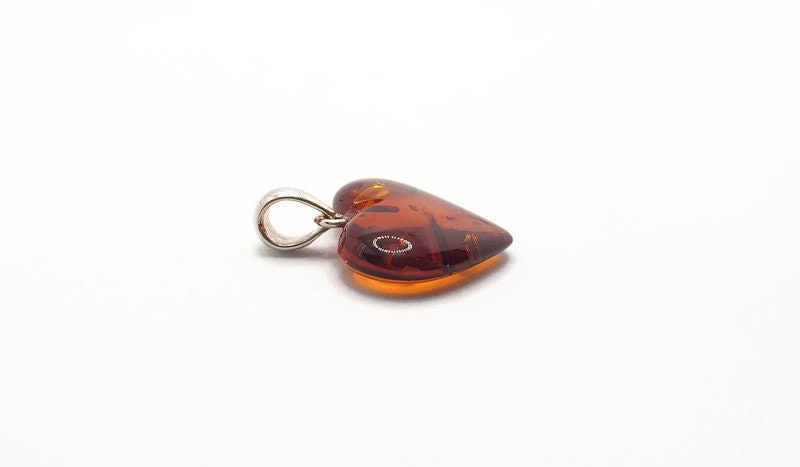 Baltic Amber Pendant - Handmade Cognac Amber Heart Shaped Jewelry with Sterling Silver