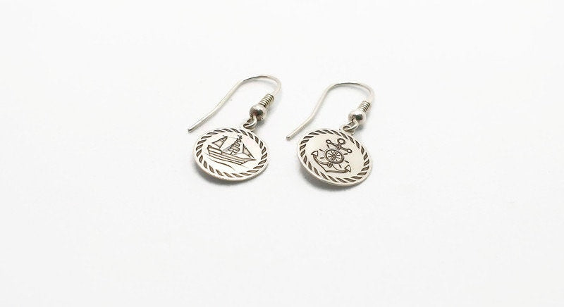 Sterling Silver Earrings - Nautical Dangle Earrings with Anchor Ship Charms