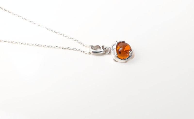 Amber Dolphin Pendant – Baltic Amber Jewelry with Honey Cognac Bead & Sterling Silver Necklace