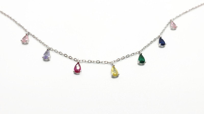 Sterling Silver Necklace | Multicolor Cubic Zirconia Teardrop Pendant - Adjustable Length