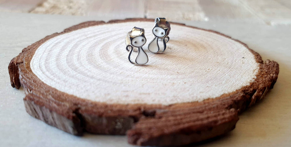 Cat Stud Earrings - Sterling Silver White Enamel Minimalist Animal Design Jewelry