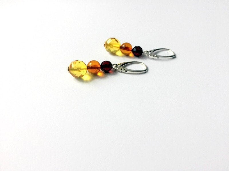 Faceted Amber Earrings – Multicolor Dangle Design with Baltic Amber Beads & 925 Silver Jewelry