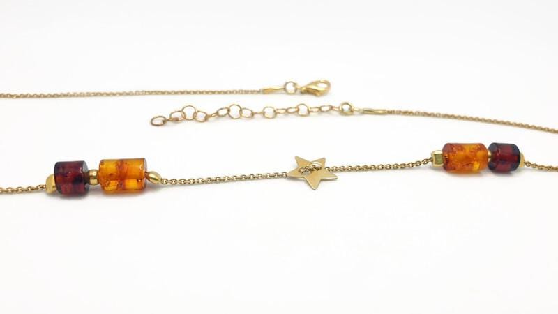 Baltic Amber Necklace Gold Plated - Adjustable Barrel Cut Amber Chain & Cherry Star Charm