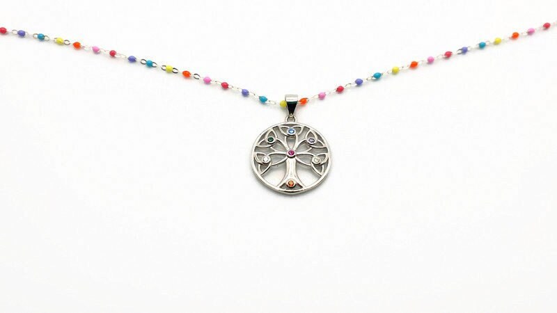 Sterling Silver Tree of Life Necklace: Colorful Enamel Chain, Cubic Zirconia Pendant
